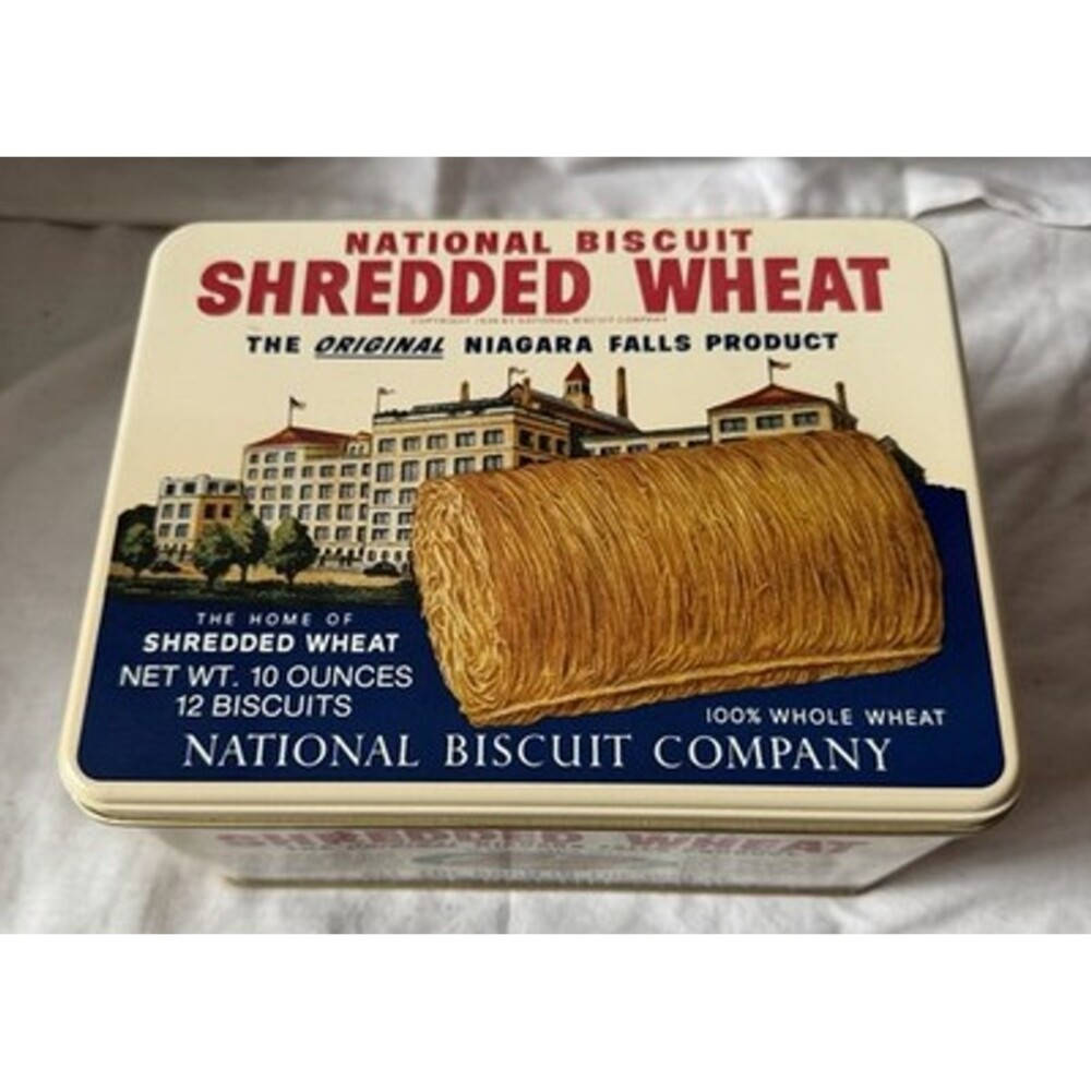 Vintage Nabisco Shredded Wheat Tin 1987 Dark Blue,Tan & Red Advertisement